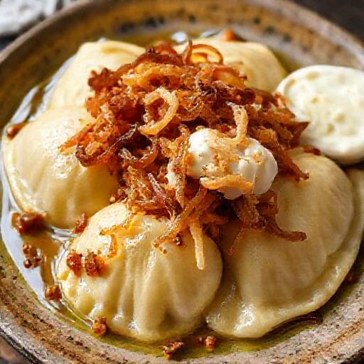 Бринзові галушки з шкварками та цибулею