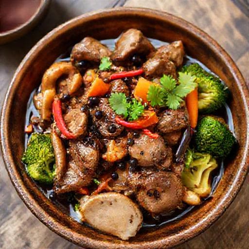 หมูผัดพริกไทยดำทรงเครื่อง (ใส่เห็ดและผัก)