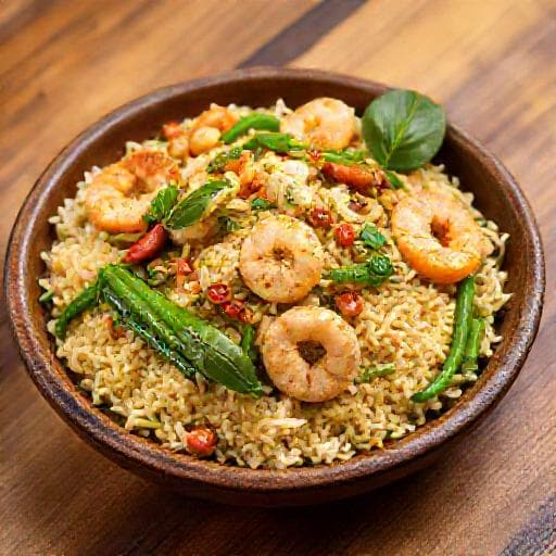 ข้าวผัดแกงเขียวหวานทะเลใส่ถั่วฝักยาว