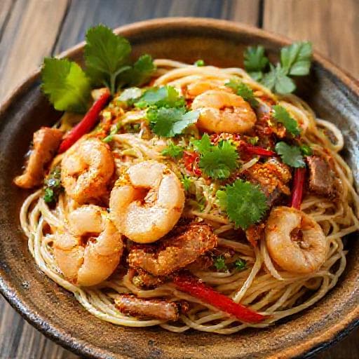 หมี่ผัดกระเฉดกุ้งน้ำพริกเผาหมูกรอบ
