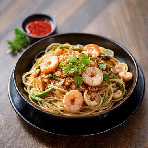 วุ้นเส้นผัดชะอมกุ้งทรงเครื่อง