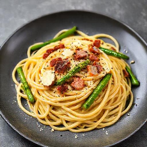 Carbonara with Smoked Pancetta and Asparagus