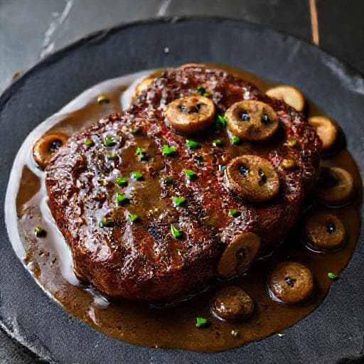 Steak with Green Peppercorn and Mushroom Sauce