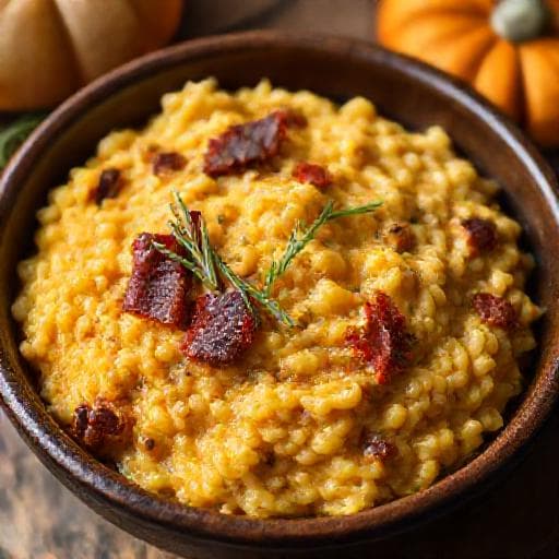Kürbisrisotto mit geräuchertem Speck und Rosmarin