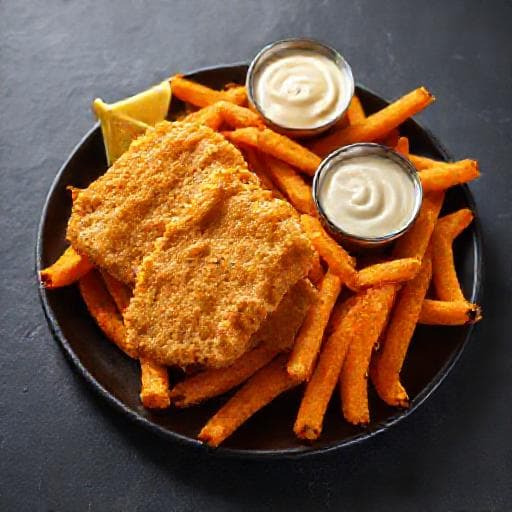 Fish and Chips mit Süßkartoffelpommes und Tartarsauce