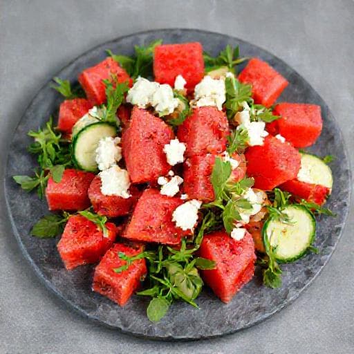 Wassermelonen-Feta-Salat mit Gurke und Rucola