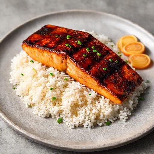Lachs Teriyaki mit Miso-Glasur und Ingwer-Reis