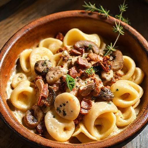 Tortellini alla Panna mit Pilzen und Pancetta