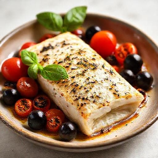 Schneller Kabeljau aus dem Ofen mit Tomaten und Oliven