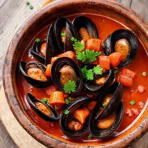 Miesmuscheln in Weißwein mit Tomaten und Chorizo