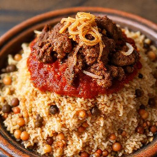 Koshari mit Lammhackfleisch (Regionale Variante)