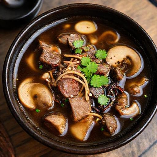 Sauer-scharfe Suppe mit Rindfleisch und Pilzen