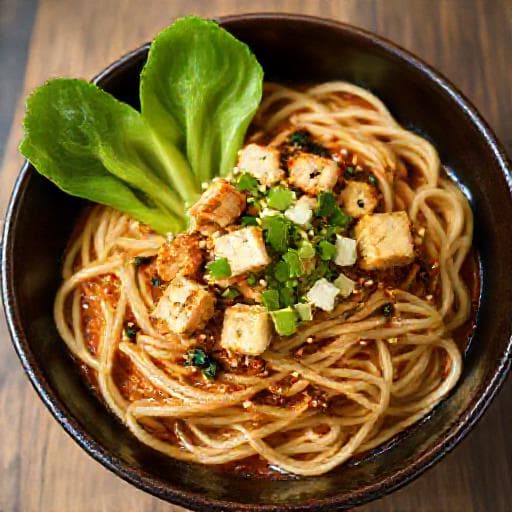 Dan-Dan-Nudeln mit Tofu und Pak Choi (Vegetarisch)