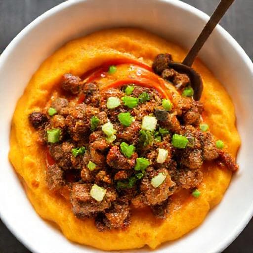 Schnelle Hot-Honey-Bowl mit Hackfleisch und Süßkartoffelpüree