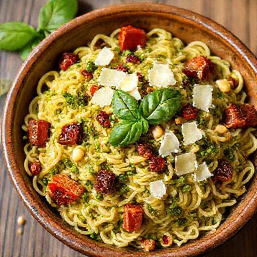 Schneller Orzo-Salat mit Pesto und getrockneten Tomaten