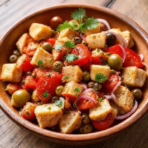 Süditalienischer Tomaten-Brot-Salat mit Kapern und Oliven