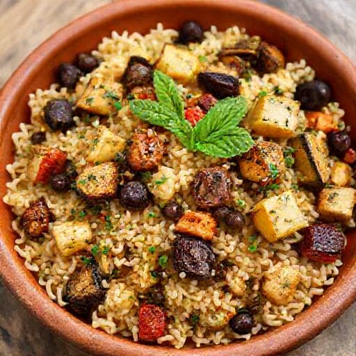 Griechischer Kritharaki-Salat mit geröstetem Gemüse und Kapern