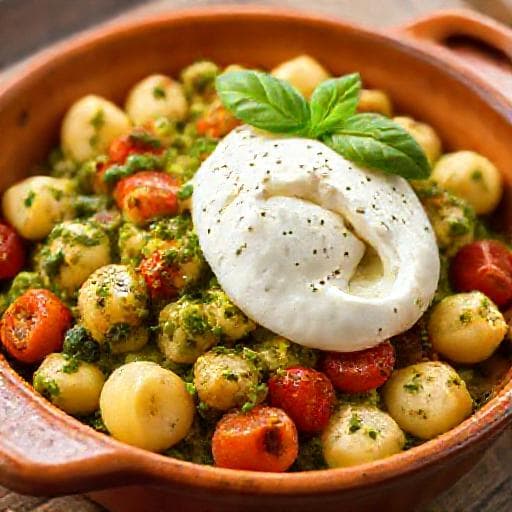 Ofen-Gnocchi mit Pesto, Tomaten und Burrata