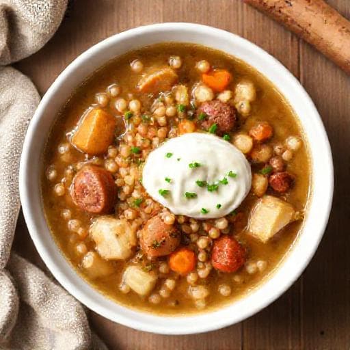 Schnelle Graupensuppe mit Würstchen