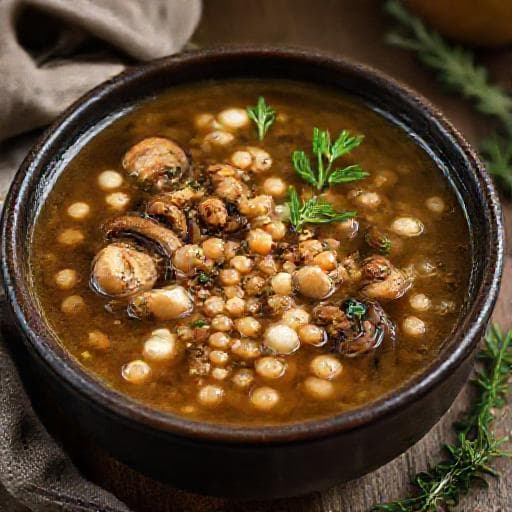 Regionale Graupensuppe mit Pilzen und Majoran