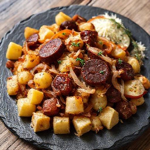 Blunzengröstl mit Apfel und Meerrettich