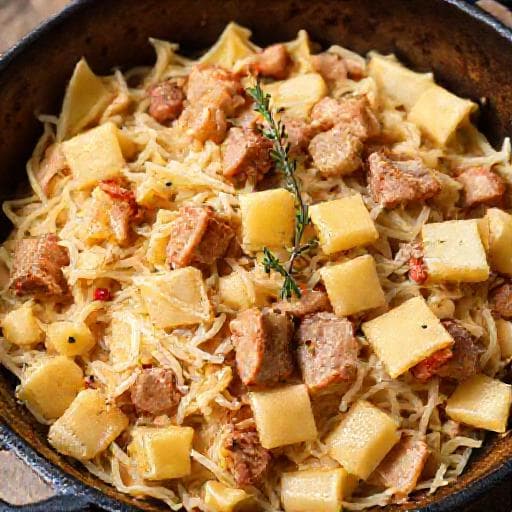 Krautfleckerl mit geräuchertem Schweinefleisch und Apfel
