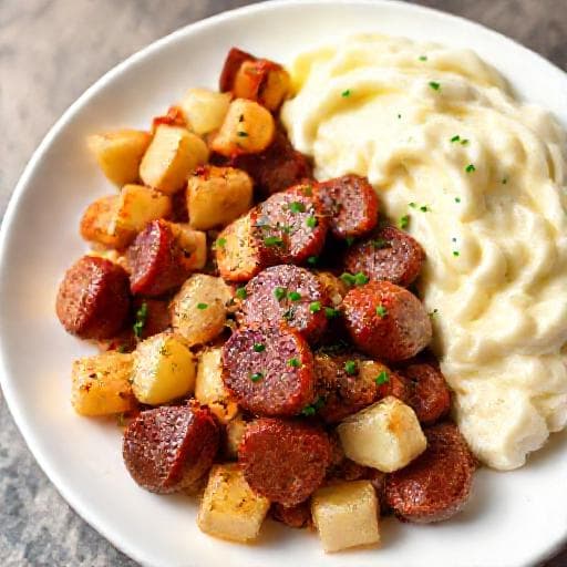 Schnelle Grützwurstpfanne mit Kartoffelpüree