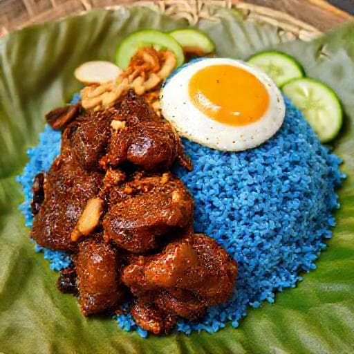 Nasi Lemak Bunga Telang with Rendang Ayam