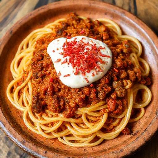 Spicy Anatolian Pasta with Minced Meat and Yogurt