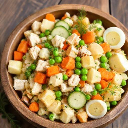 Салат Оливье с курицей и свежим огурцом (вариант с зеленью)