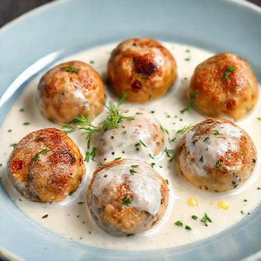 Spicy Pork Kyufte with Dill-Infused White Sauce