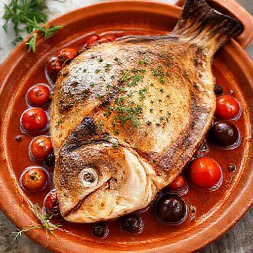 Калкан на фурна с домати и маслини (Baked Turbot with Tomatoes and Olives)