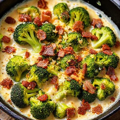 Broccoli with Cream, Kashkaval, and Smoked Bacon