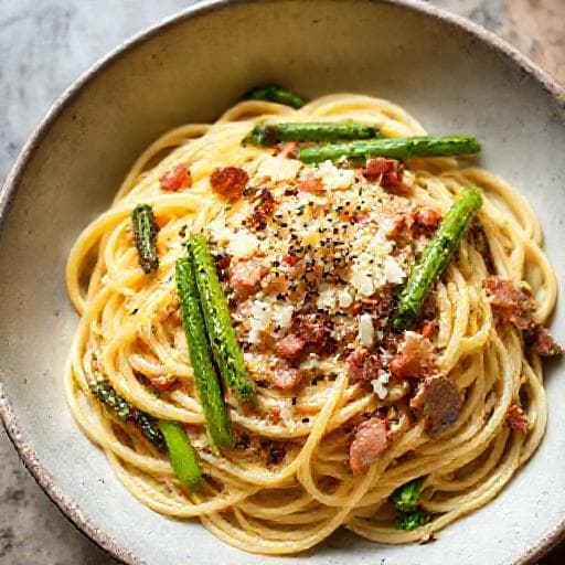 Carbonara with Smoked Pancetta and Asparagus