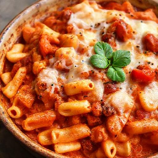 Baked Pasta with Tomato Sauce, Sirene, and Roasted Peppers