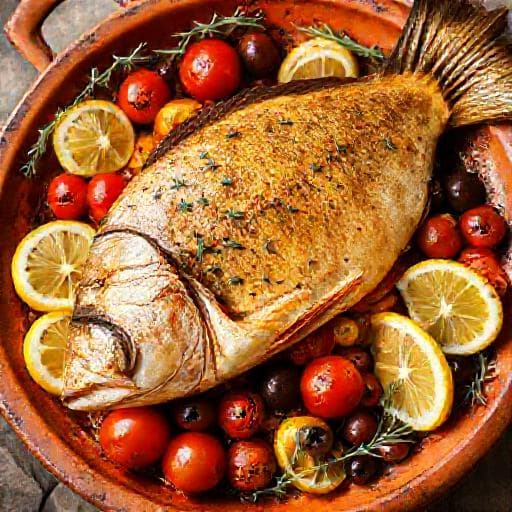 Dorada Pieczona z Cytryną, Pomidorkami i Oliwkami