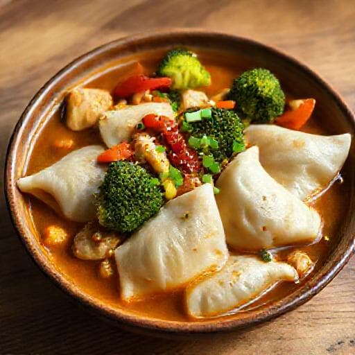 Pierożki w sosie kokosowym z kurczakiem i warzywami