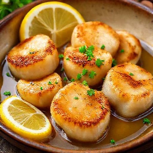 Klassiska Pilgrimsmusslor med Brynt Smör och Citron