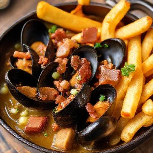 Musslor Frites med Cider och Bacon