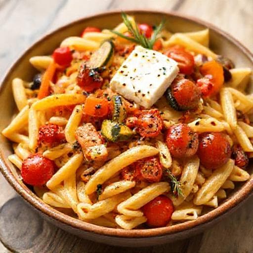 Pasta med Ugnsbakad Feta och Rostade Grönsaker