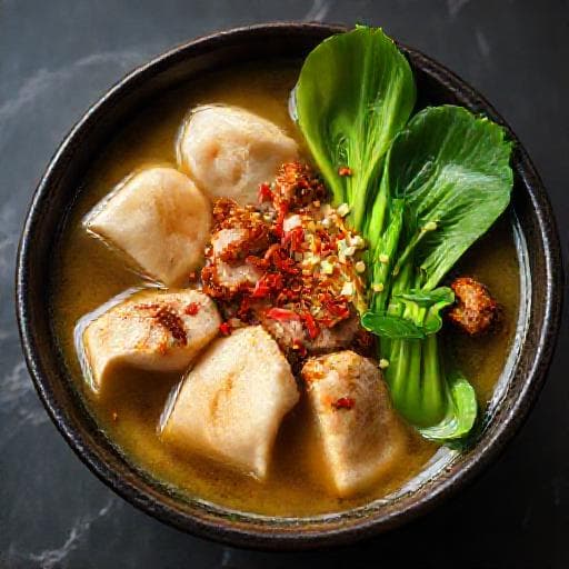 Wontonsoppa med Krispig Fläsk och Pak Choi