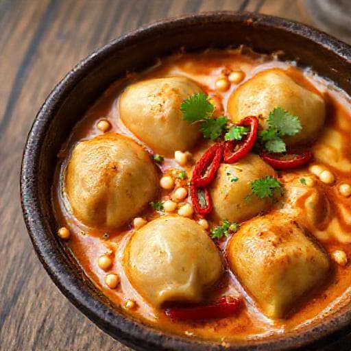 Kryddig Dumplinggratäng med Kokosmjölk och Jordnötter