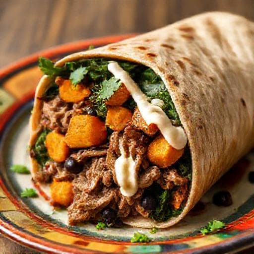 Biffburrito med Rostad Sötpotatis och Svartkål