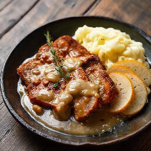 Stekt fläsk med krämig löksås och äpple