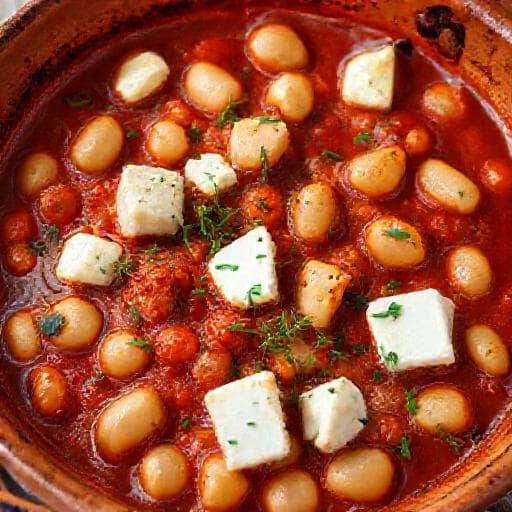 Grekiska Ugnsbakade Bönor med Feta och Ouzo