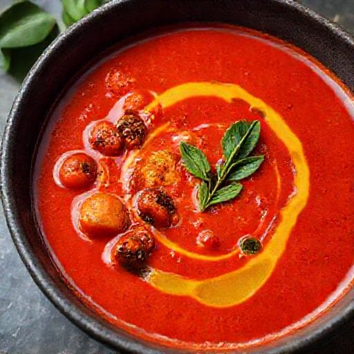 Tomatsoppa med Rostade Grönsaker och Basilikaolja