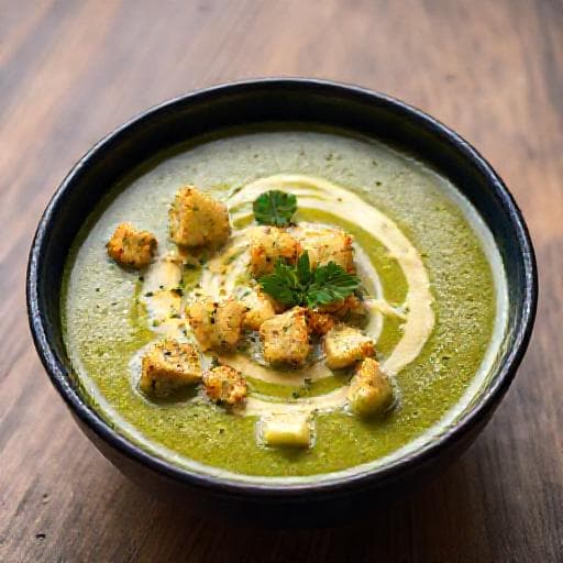 Broccolisoppa med Cheddar och Örtkrutonger