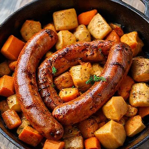 Sült hurka és kolbász zöldségekkel, kemencében