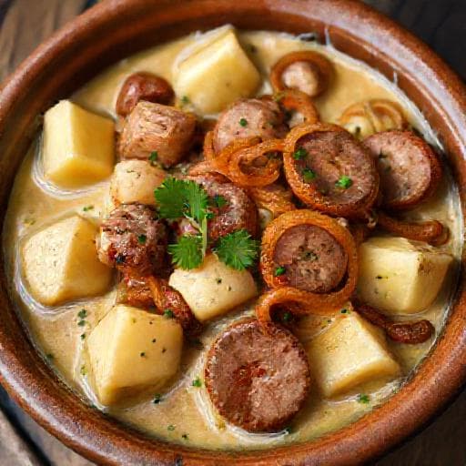 Karalábéfőzelék Kolbásszal és Sült Hagymával