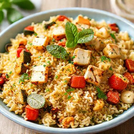 Stredomorský orzo šalát s pečenou zeleninou a halloumi